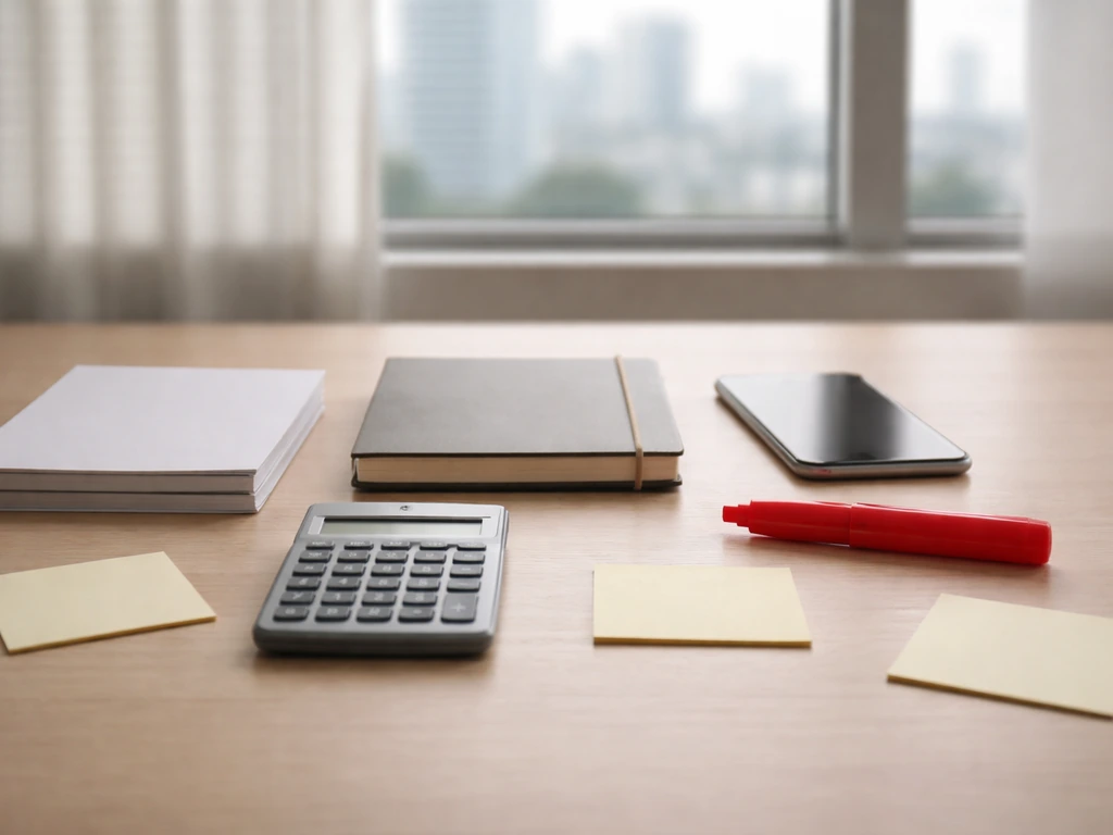 Minimal office desk with calculator and red highlighter, symbolizing red flags in net-worth claims.