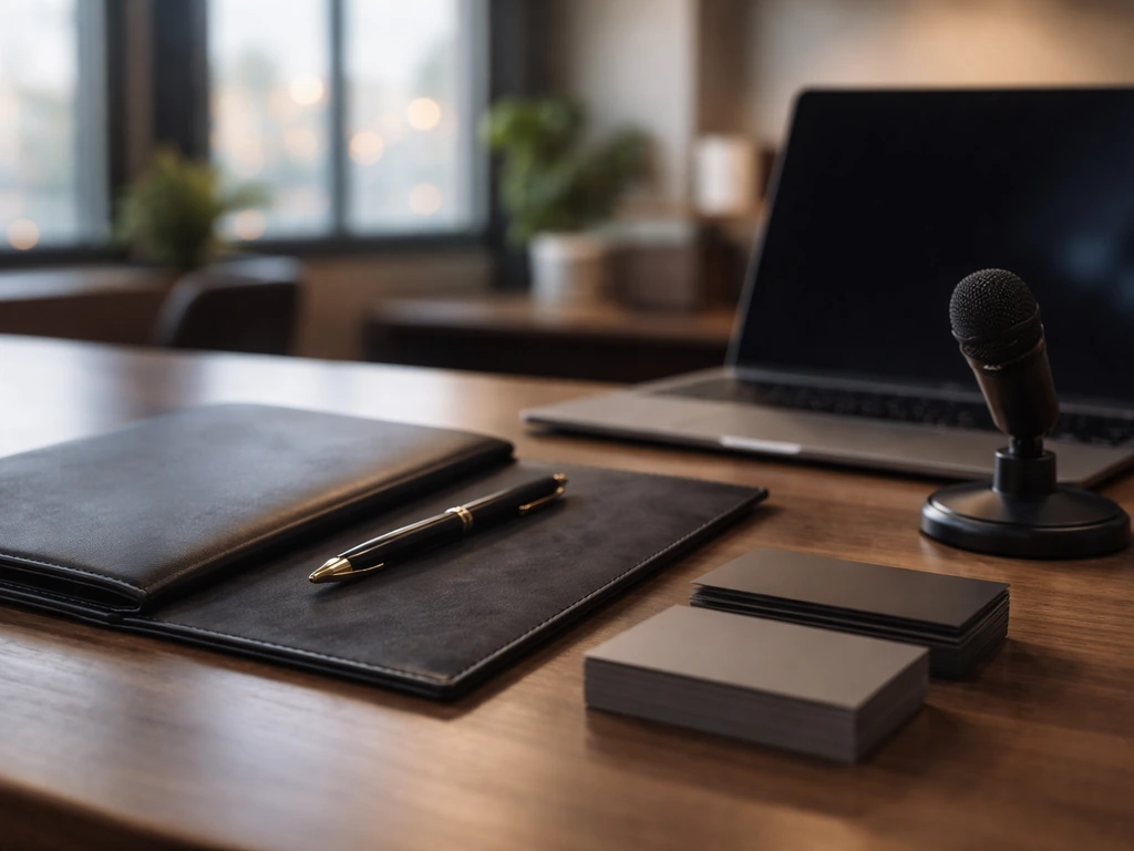 Luxury creative agency desk with laptop and microphone, blurred city view, no people in frame.