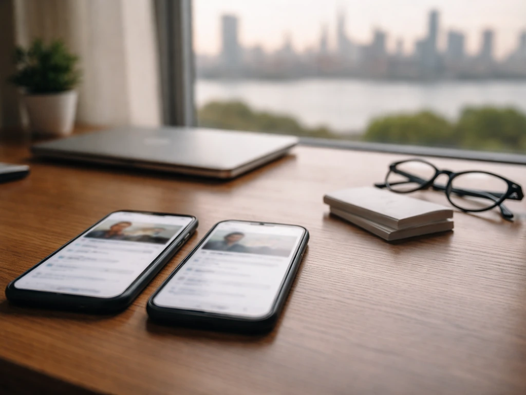Minimal office desk scene suggesting multiple public profiles and financial research without showing any person.
