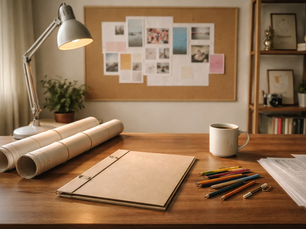 Vintage creative agency studio workspace with soft natural light, empty desk, and campaign-style props