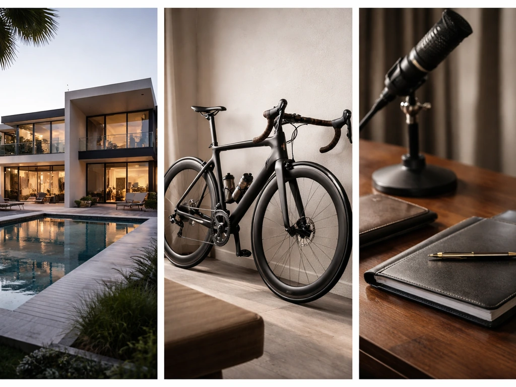 Minimal collage of luxury home, premium bicycle, and an investment notebook on a business desk.