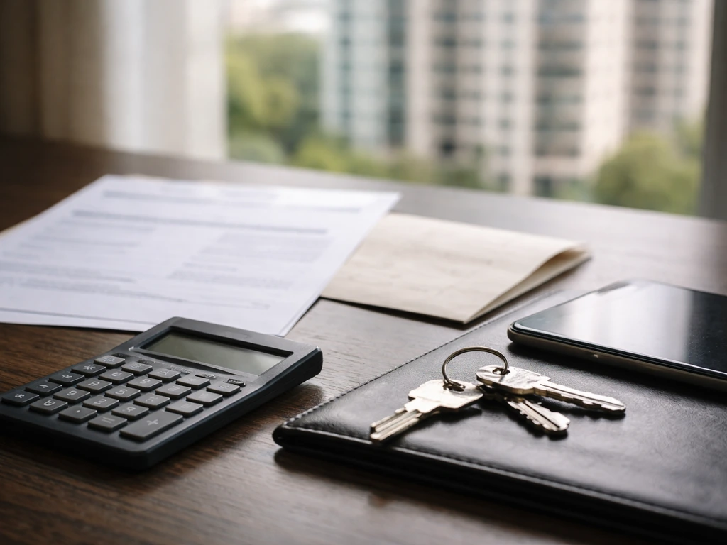 Desk scene with mortgage-style paperwork covering a property-economy vibe, keys, calculator, and city building bokeh.