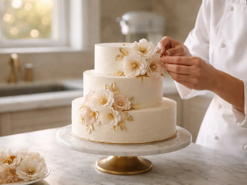 Anonymous pastry chef decorating an elegant luxury cake in a bright, minimal kitchen.
