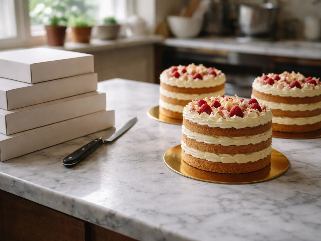 Upscale bakery counter with layered cakes and cake tools, suggesting luxury cake income sources.