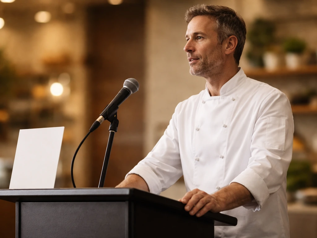 Chef-style speaker at a small event table with a microphone and warm brand-style backdrop