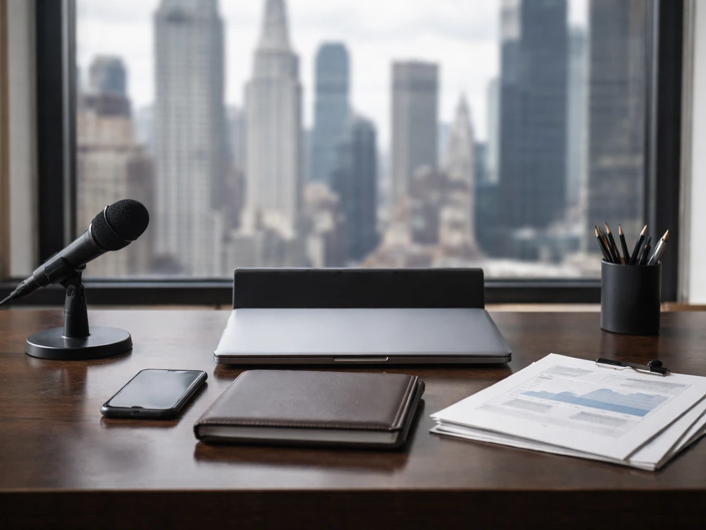 Anonymous executive desk with smartphone and documents near a window showing a blurred New York skyline