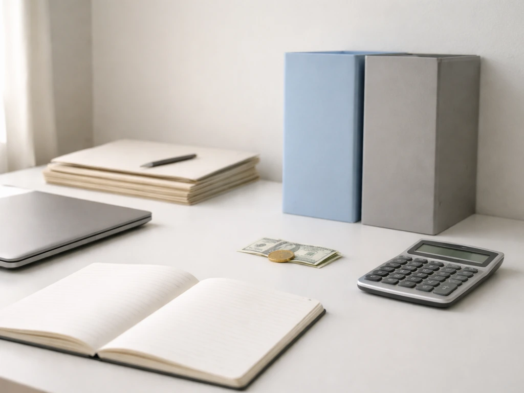Minimal desk scene with a laptop, calculator, and blank documents symbolizing assets minus liabilities.