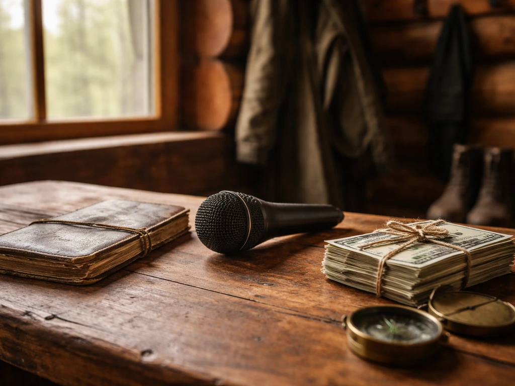 Minimal photo of a rugged field journal beside cash and a microphone in a cabin studio setting.