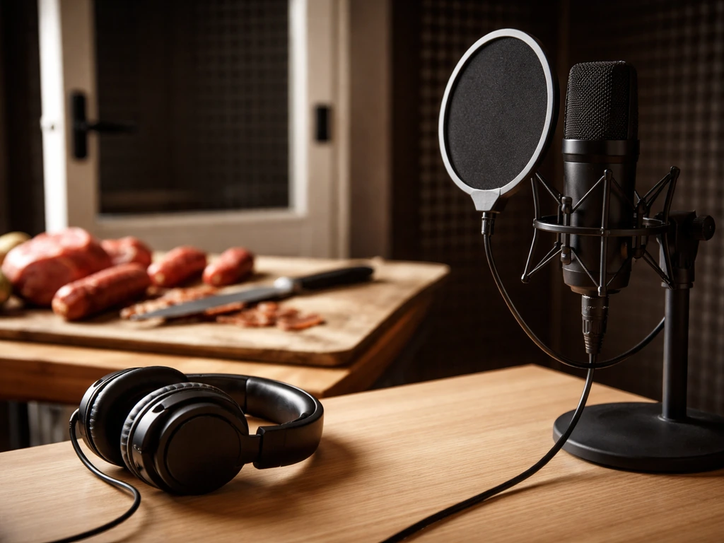 Anonymous podcast recording setup with a moody editorial food background suggesting media revenue streams.