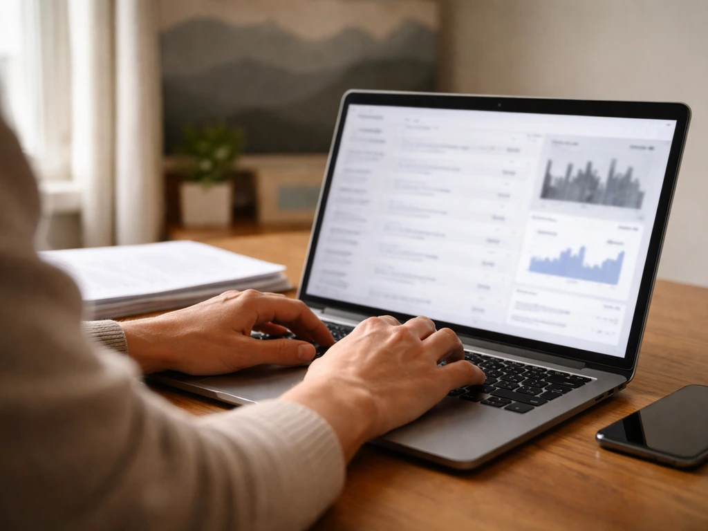 Hands typing on a laptop showing blurred registry and analytics-style panels in a minimal home office.