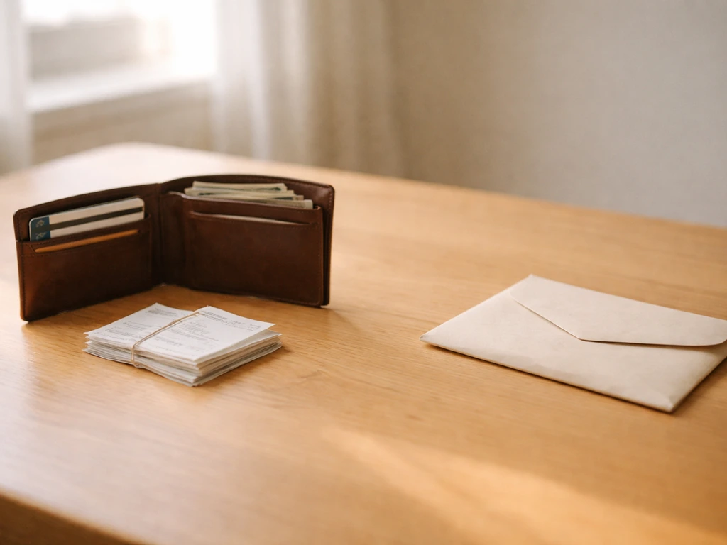 Open wallet and receipts on a desk beside a closed envelope, symbolizing assets minus liabilities without text.