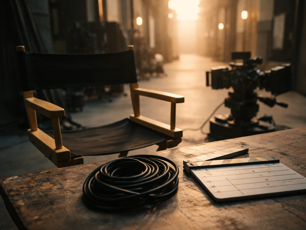 Cinematic film set with a clapperboard and camera rig, symbolizing commercial directing leading to feature work.