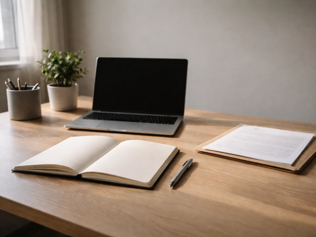 Minimal finance desk scene with a single open notebook and scattered papers suggesting changing scenarios