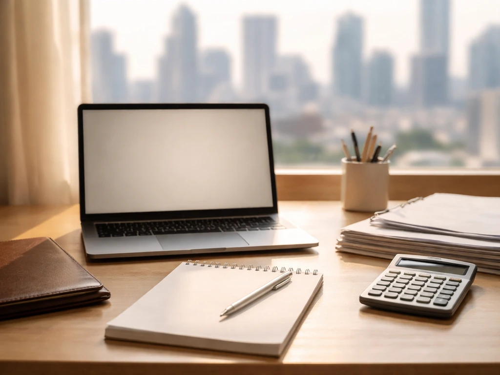 Minimal finance desk scene with a laptop, calculator, and portfolio folders suggesting wealth analysis.