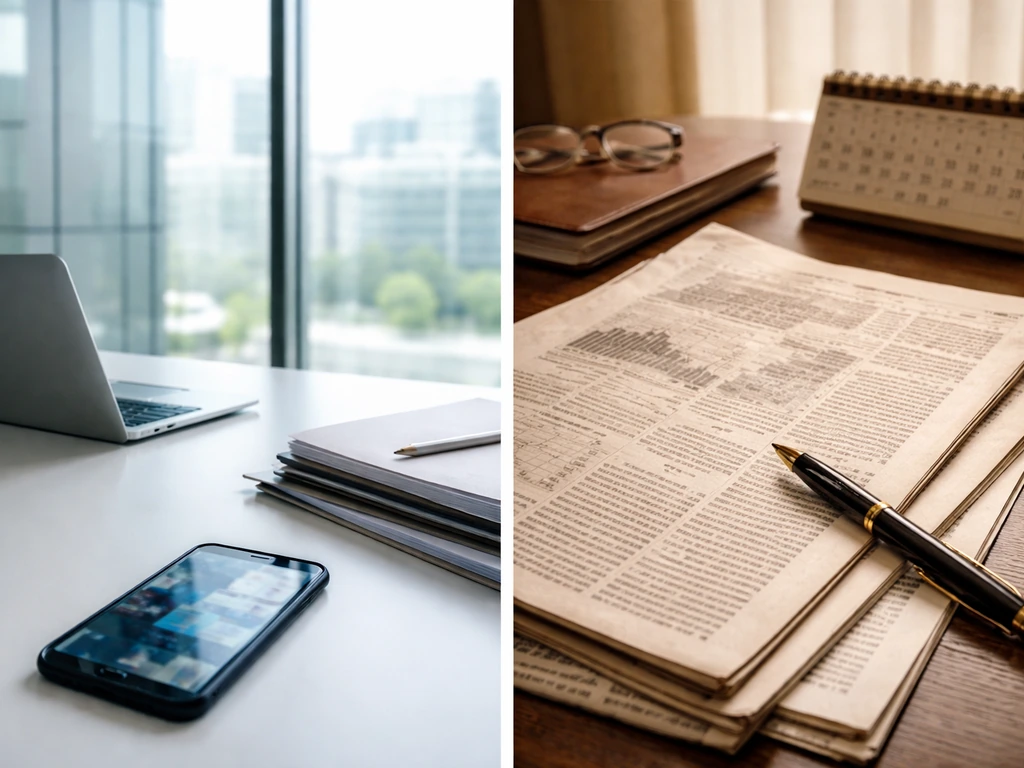 Two-panel photo: modern healthcare finance office desk on left, vintage finance newspaper desk on right.