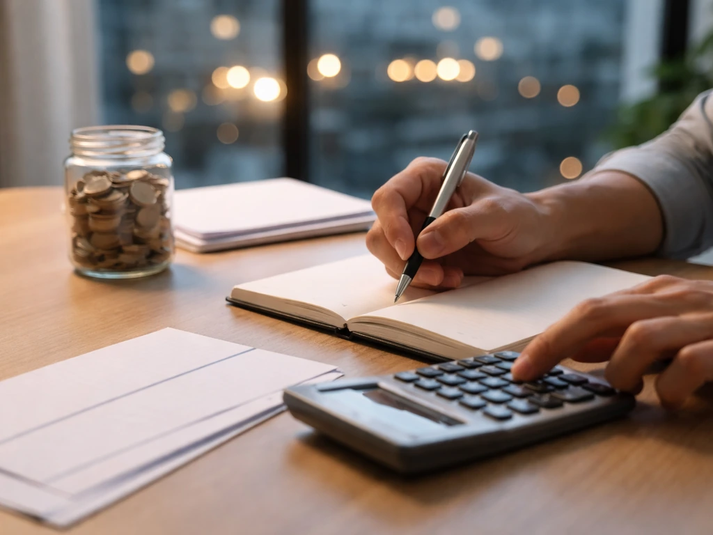 Hands on a desk with calculator, blank papers, and a coin jar in a bright office setting.