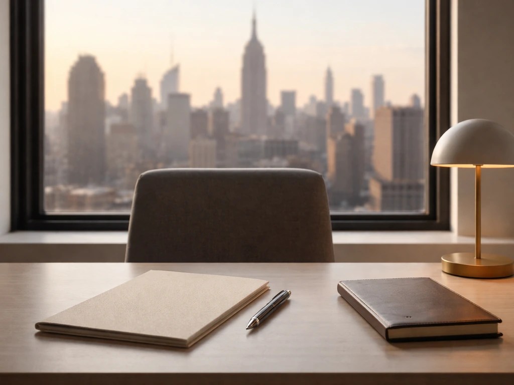 Minimal New York skyline view from a quiet office with a neatly arranged folder and pen