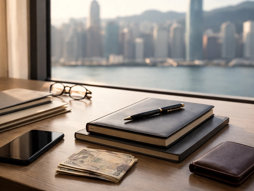 Hong Kong finance-themed desk scene with business documents and a city skyline through a window.