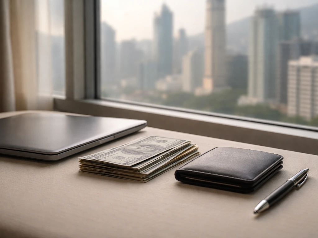 Minimal photo of a tidy desk with a closed laptop, cash, and a blurred Hong Kong skyline through a window.