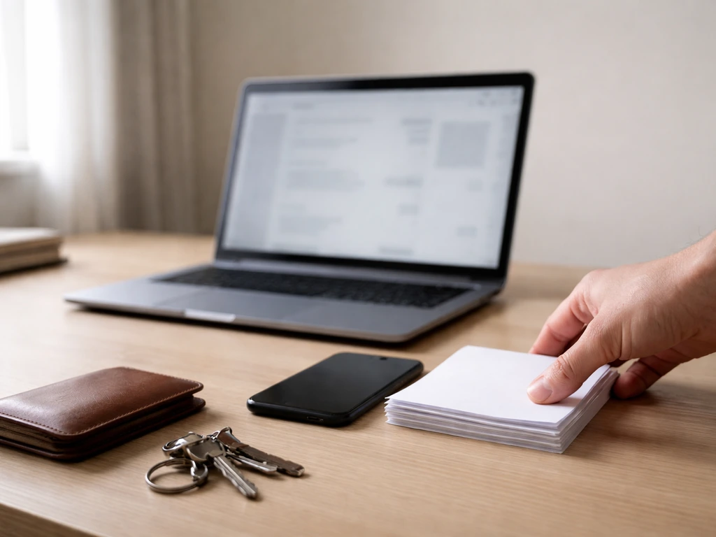 Minimal home-office desk with blank documents, phone, wallet, and keyring suggesting asset valuation steps.