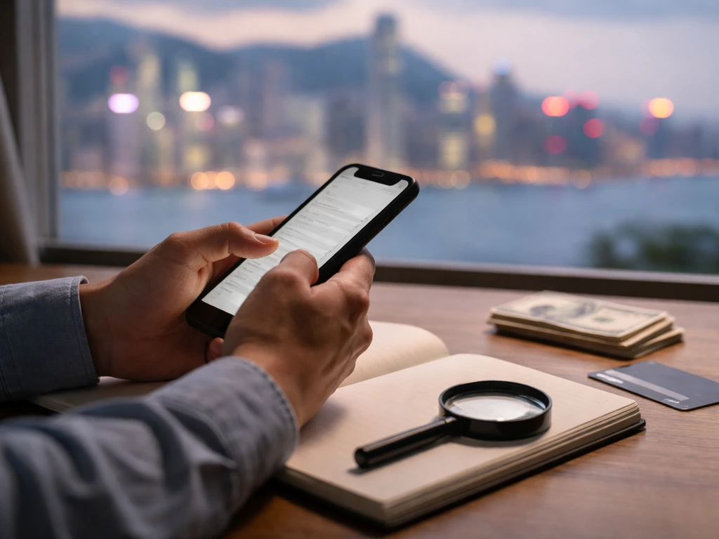 Anonymous hands using a smartphone and magnifying glass on a desk with money and blurred city skyline