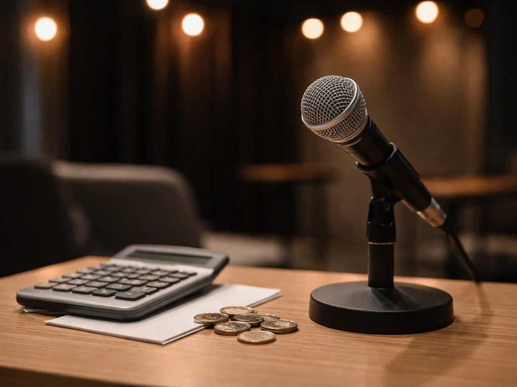 Minimal photo of a comedy microphone beside a calculator and coins on a desk, symbolizing net worth estimation