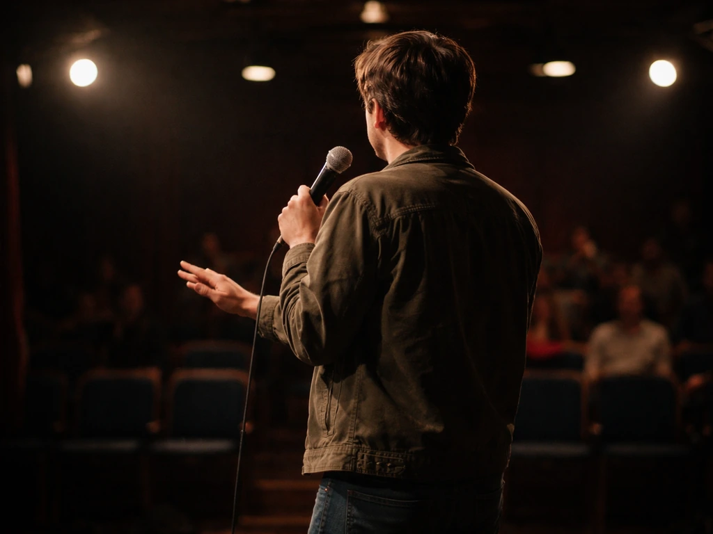 Anonymous stand-up comedian on stage holding a microphone in a small theater, softly lit background.
