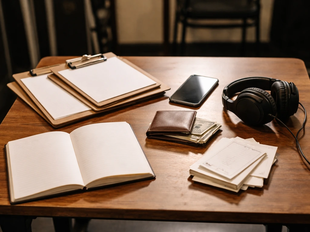 Backstage table with blank tour itinerary, headphones, cash, and a smartphone suggesting touring comedy income.