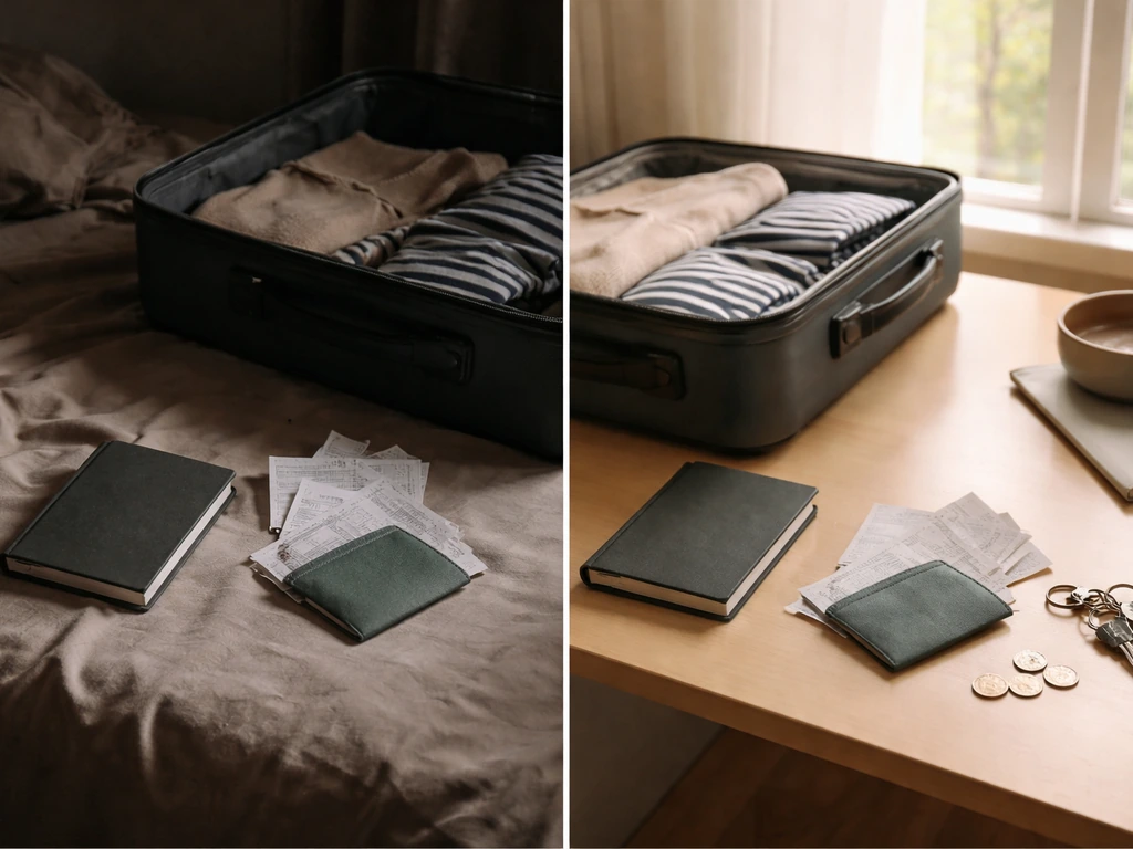 Minimal split-scene showing net-worth fluctuation drivers with empty desk, receipts, and moving suitcase