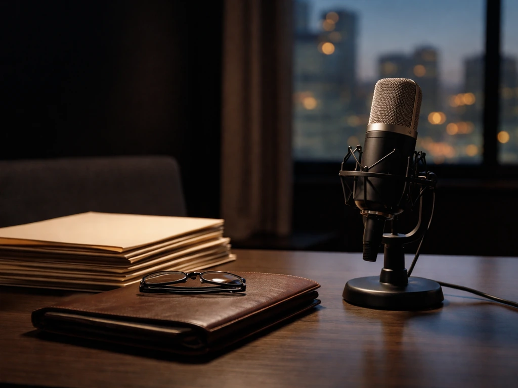 Minimal media workspace with a microphone and cash-like documents, symbolizing a television producer net worth estimate.