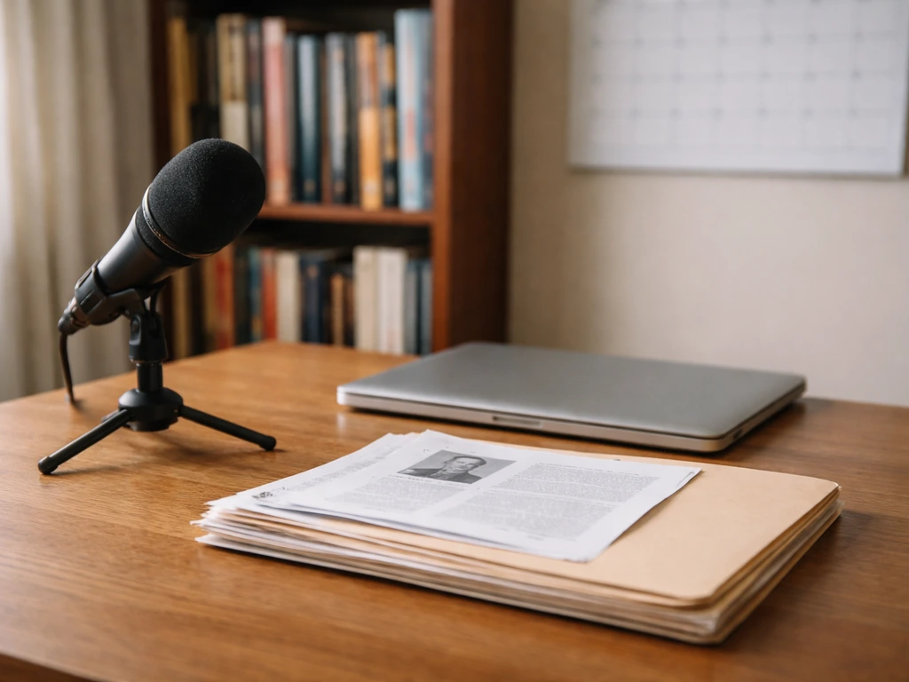 Minimal office scene with a recorder, stack of old files, and a blurred biography page for identity verification.