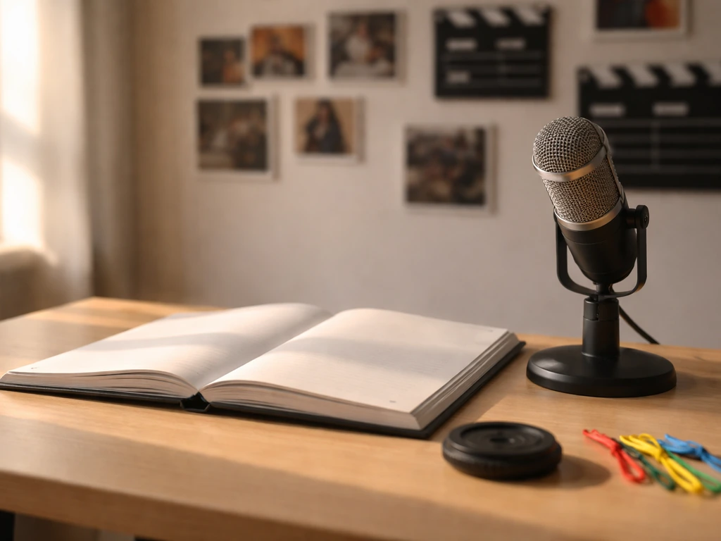 Minimal TV production desk with blank script pages, microphone, and studio props in natural light.