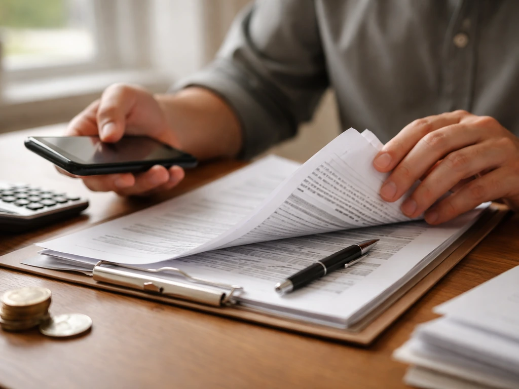 Hands reviewing property record documents on a desk with a phone and pen, symbolizing estimate verification