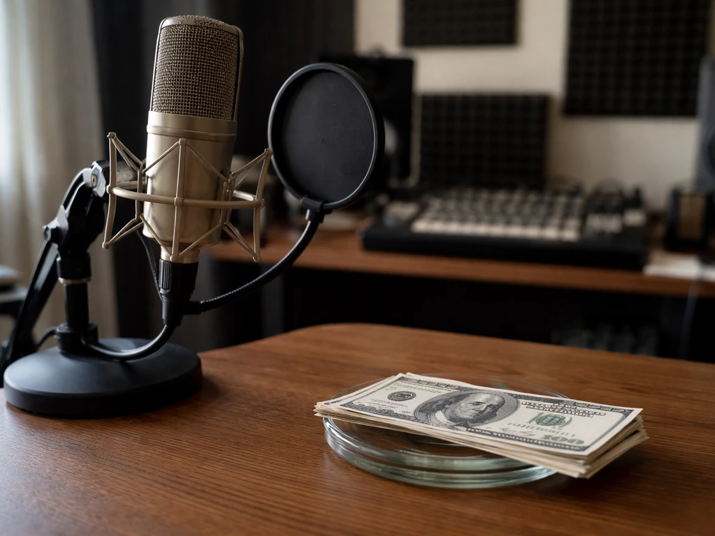 Minimal photo of a microphone and cash in a studio, suggesting celebrity wealth curiosity without showing Lenny Kravitz.