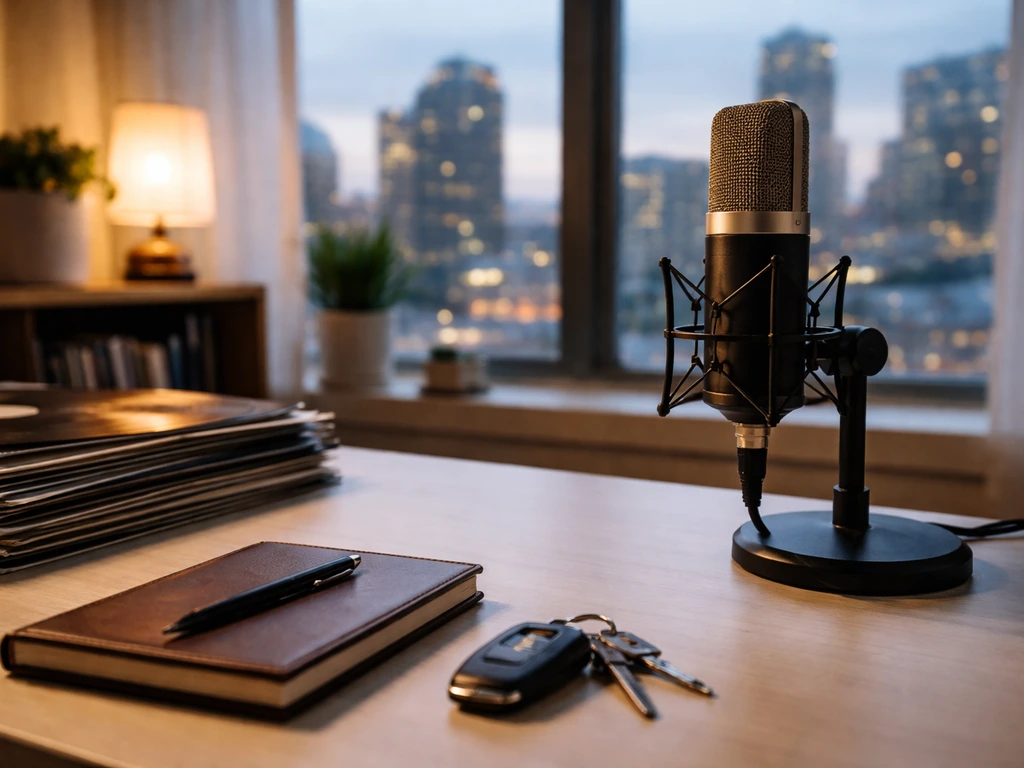 Studio microphone and vinyl records on a desk with a blurred city skyline—money and media themed.