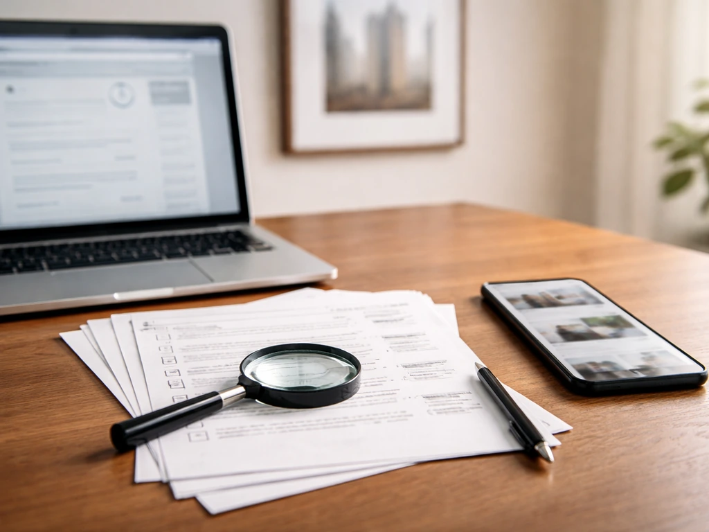 Minimal desk scene with papers, a laptop, and a phone suggesting how to verify net worth using public records