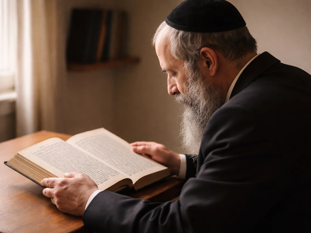 Anonymous Hasidic rabbi in black at a wooden desk reading an open Hebrew book by window light.