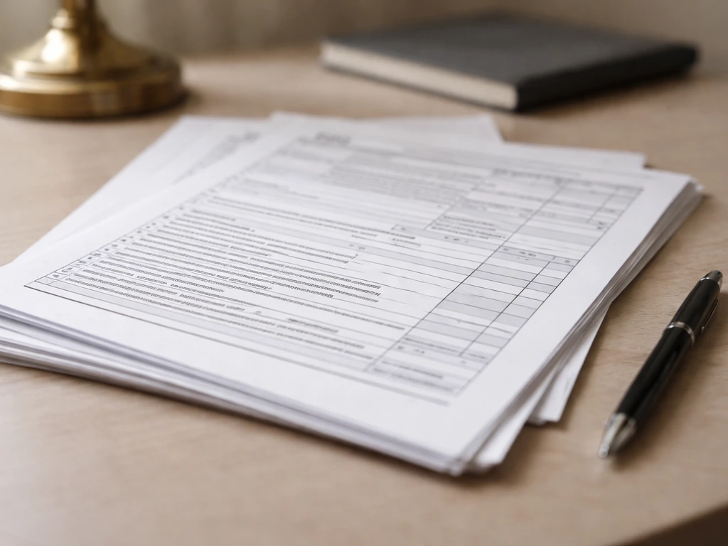 Close-up of IRS Form 990 paperwork and compliance documents on a desk with a pen, no readable text.