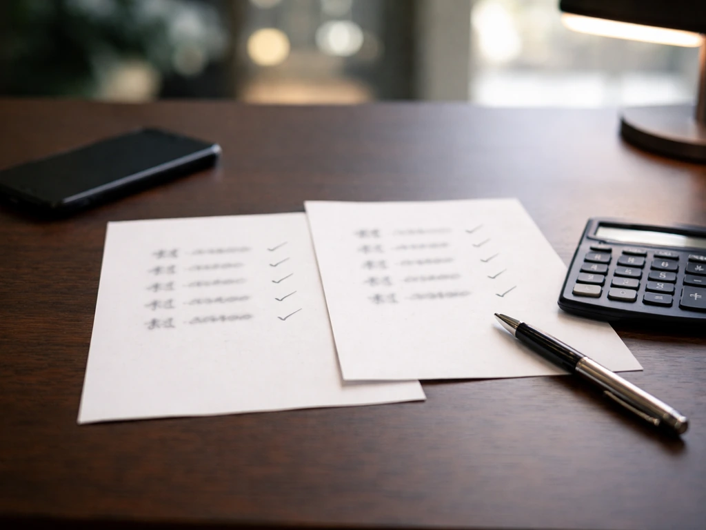 Desk scene with two scattered printed pages showing different figures and a calculator, suggesting net-worth estimate co