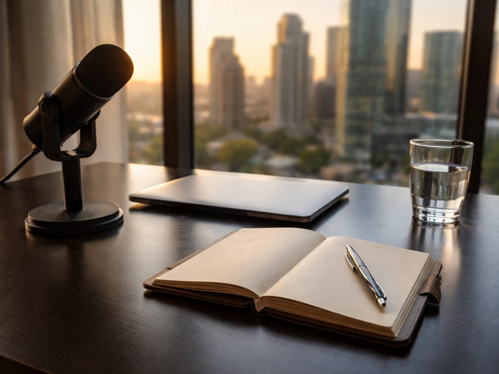 Minimal photo of a finance-minded desk with a microphone and a city view, symbolizing income and net worth research.