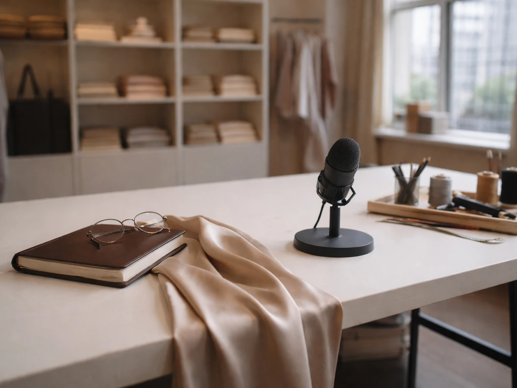 Empty fashion studio desk with microphone and fabric, symbolizing fashion-business identity and analysis