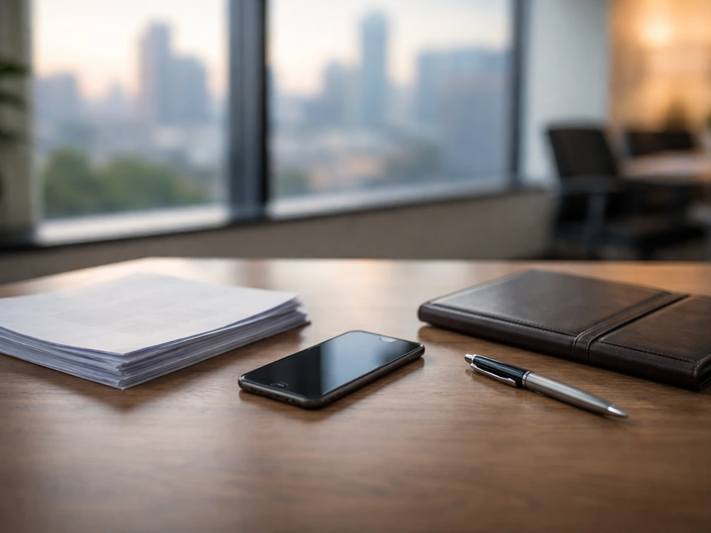 Minimal desk scene with business documents and a smartphone, symbolizing private net-worth calculation from public signa