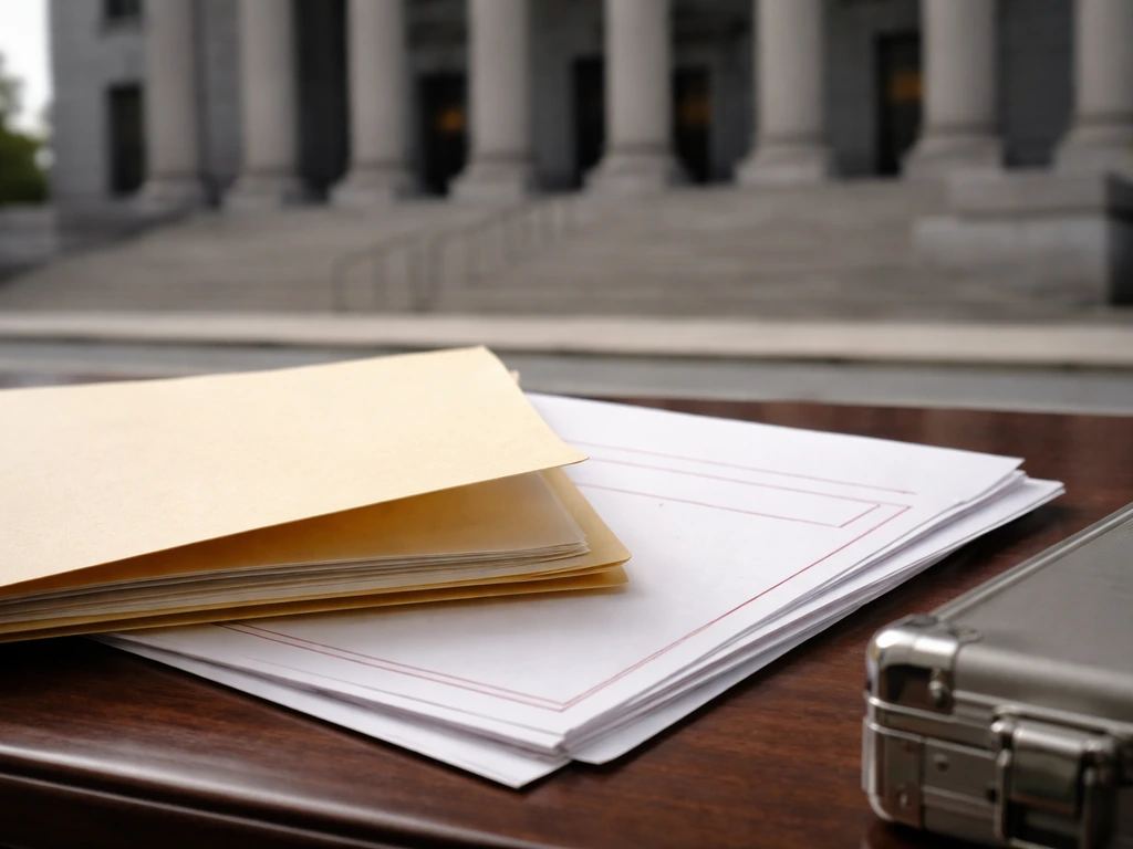 Blank legal documents and a manila folder on a desk with a blurred U.S. courthouse in the background.
