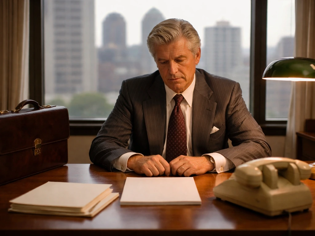 An older man in a 1980s-style Sydney stockbroking office, seated at a desk with financial instruments.
