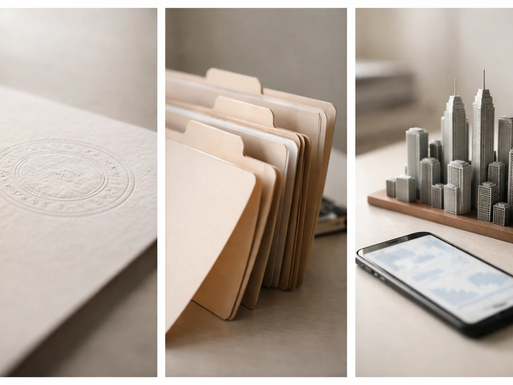 Three-panel tabletop collage showing corporate filing paper, legal folder, and finance-themed desk items for a wealth es