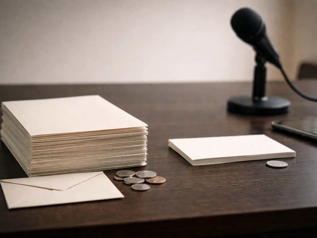 Minimal desk scene showing contrast: a thick papers stack with coins versus a near-empty thin stack and one coin.