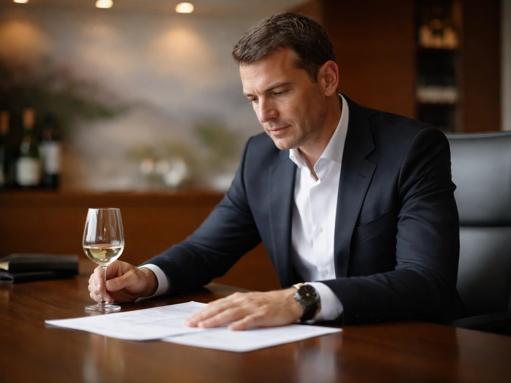 Alexandre Ricard in a Pernod Ricard office setting, seated with a glass of wine and company branding backdrop.