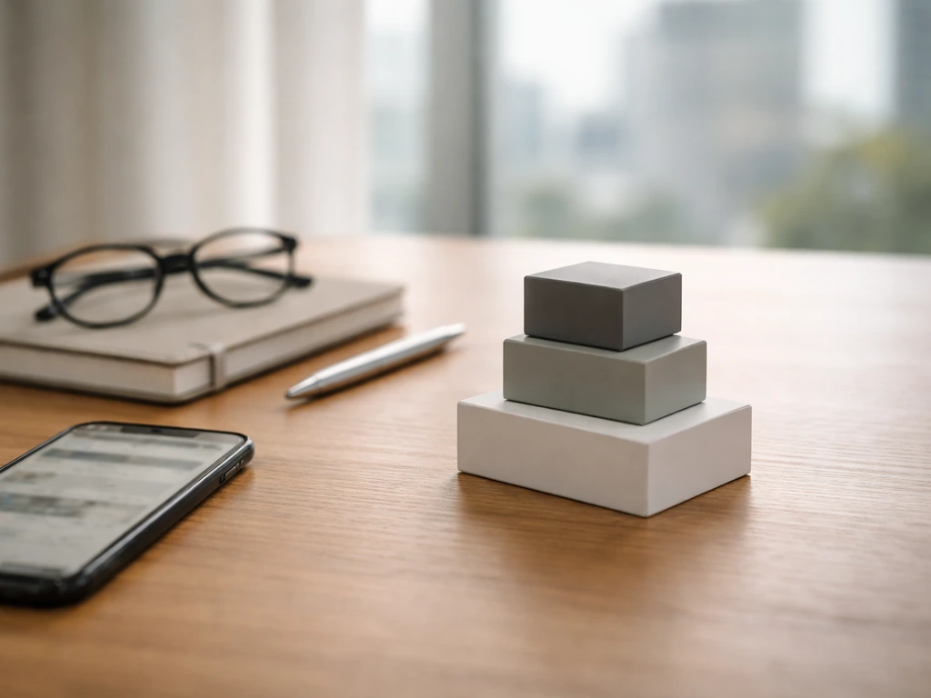 Minimal desk scene with phone, notebook, pen, glasses, and stacked boxes suggesting layered finance modeling.