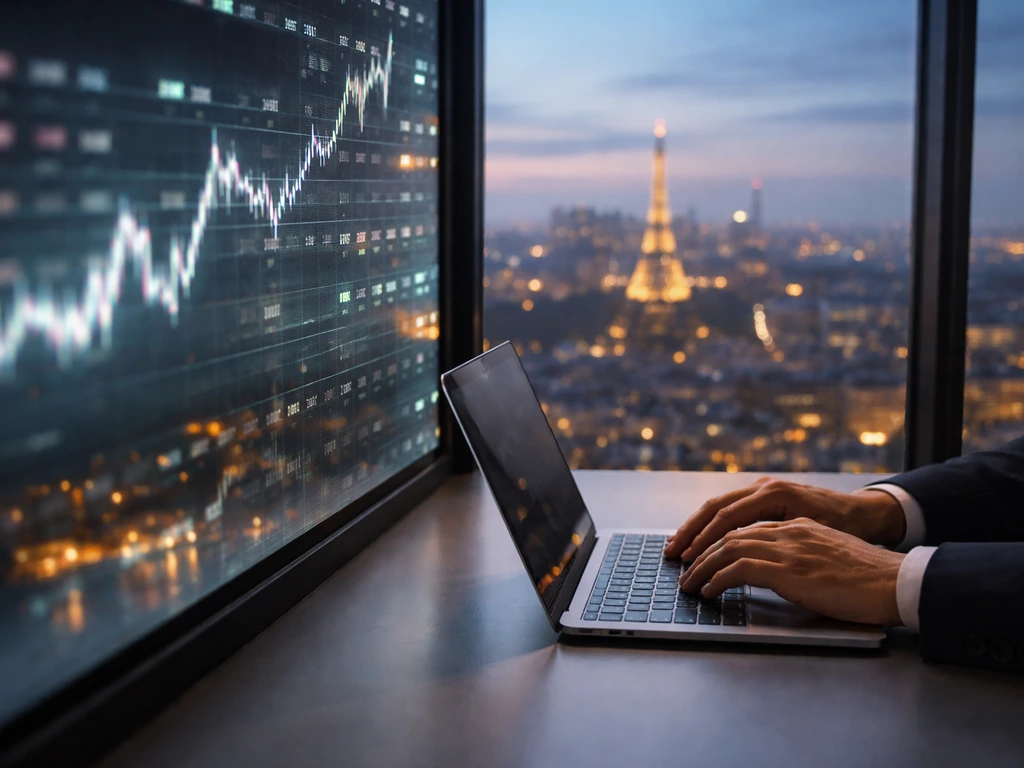 Euronext Paris trading board reflection with a finance ticker-style display, blurred city view outside.
