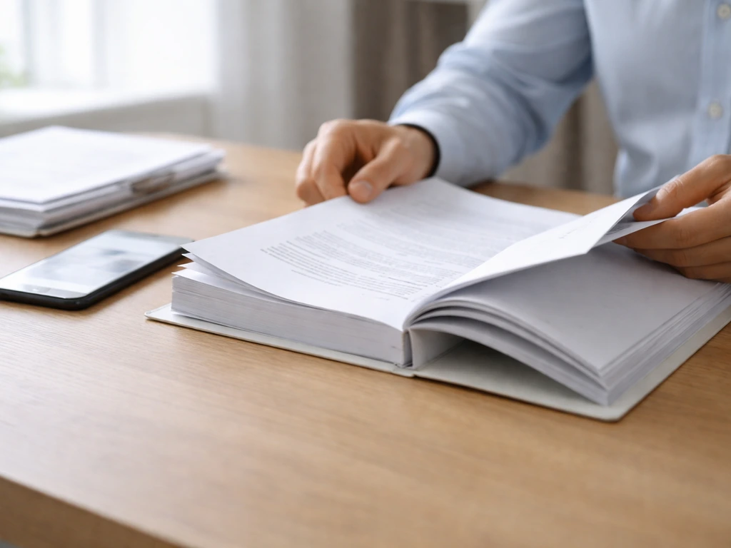 Hands reviewing a plain corporate annual report on a desk with blurred documents, symbolizing self-verification.